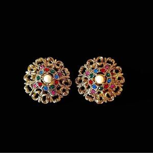 Vintage Gold Circular Multicolor Crystal Earrings